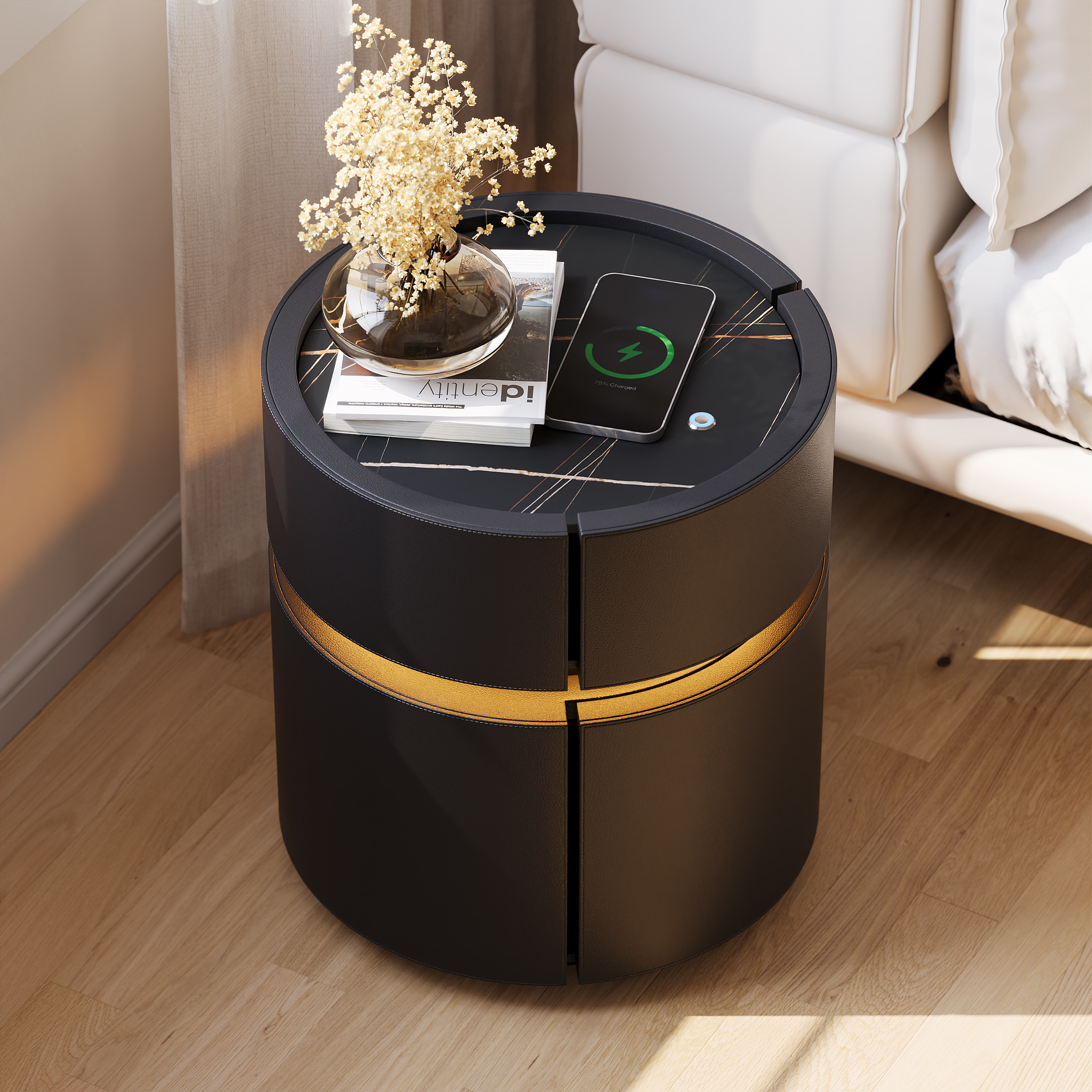 Round Saddle Leather Bedside Table with Wireless Charging Bedside Table in Black