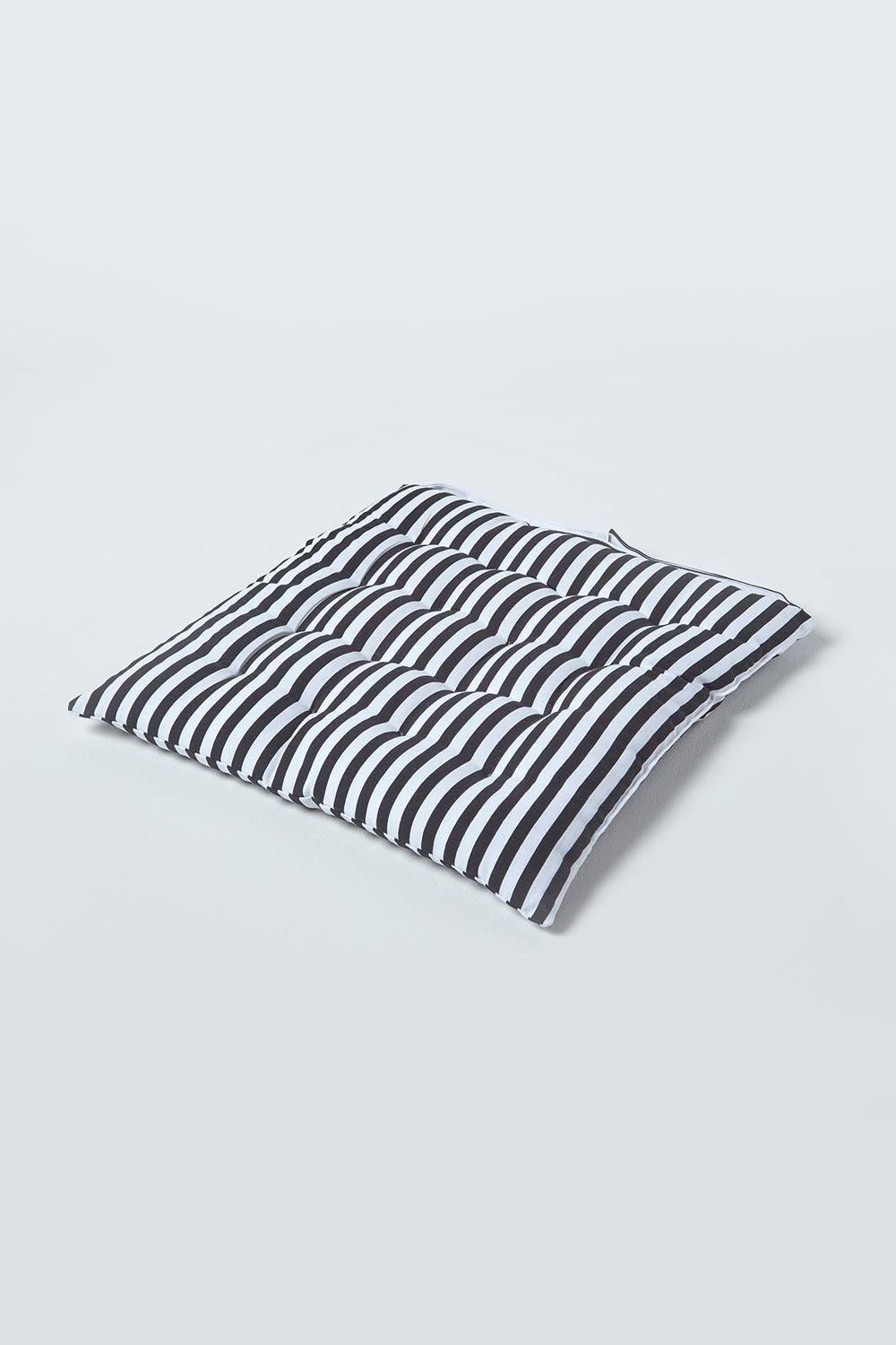 Homescapes Black & White Stripe Seat Pad with Straps 100% Cotton