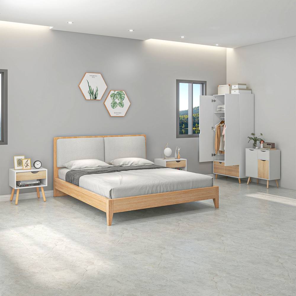 HOMCOM Wardrobe with Hanging Rail Bedside Tables Floor Cabinet with Storage in Natural
