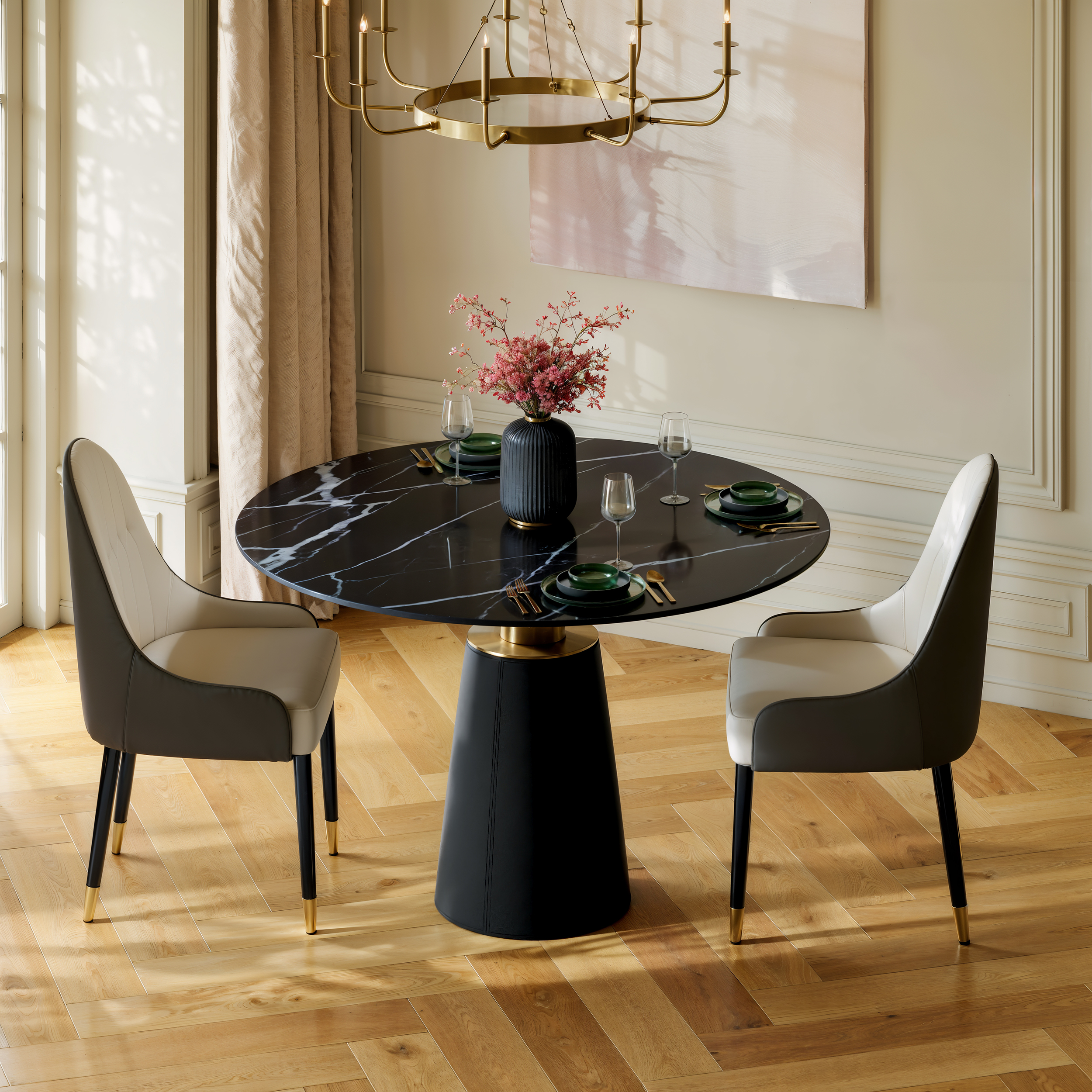 1000mm Sintered Stone Round Dining Table with Saddle Leather Base Seats 2-4 People
