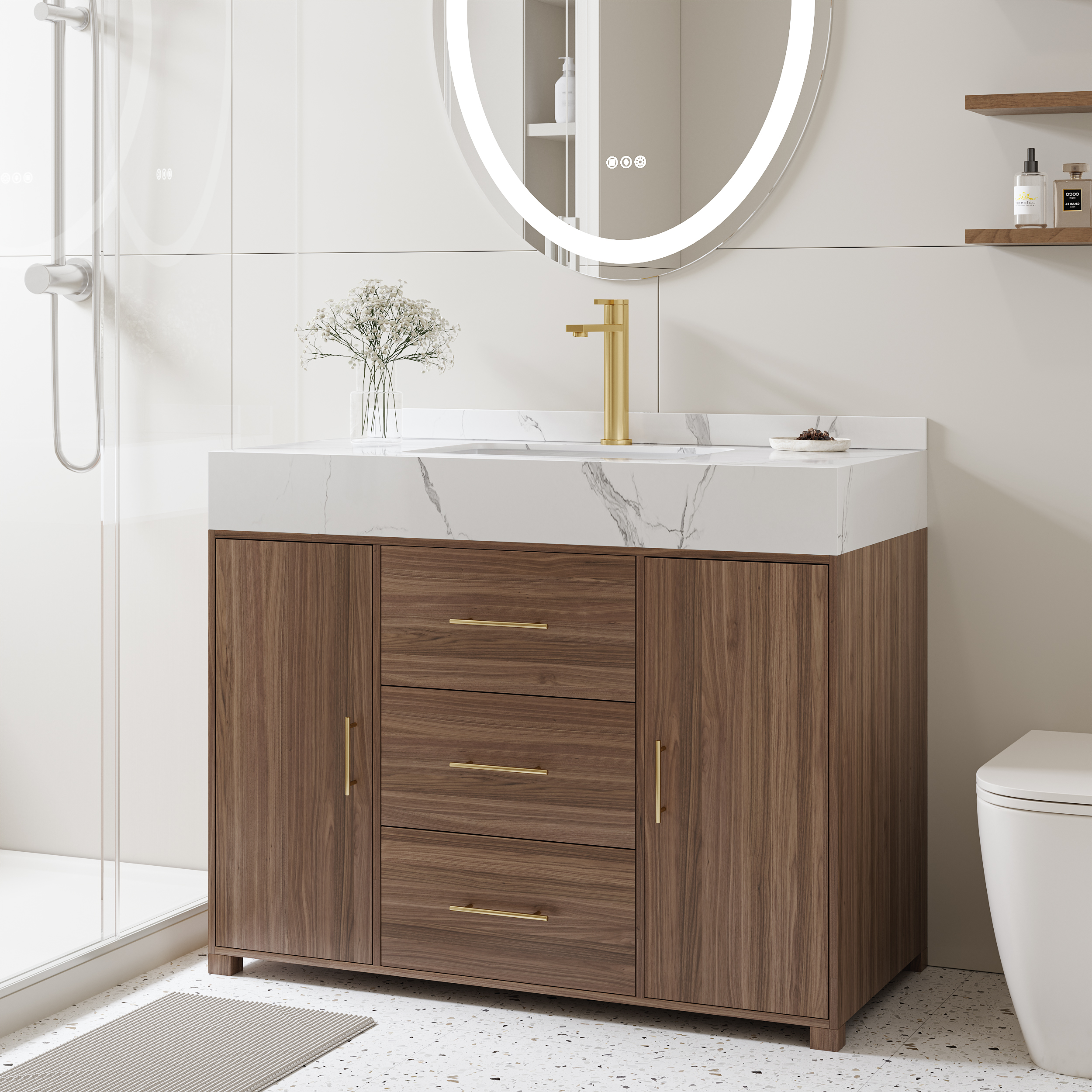 39.3" Floating Bathroom Vanity Cultured Marble Top Bathroom Cabinet Walnut with Sink