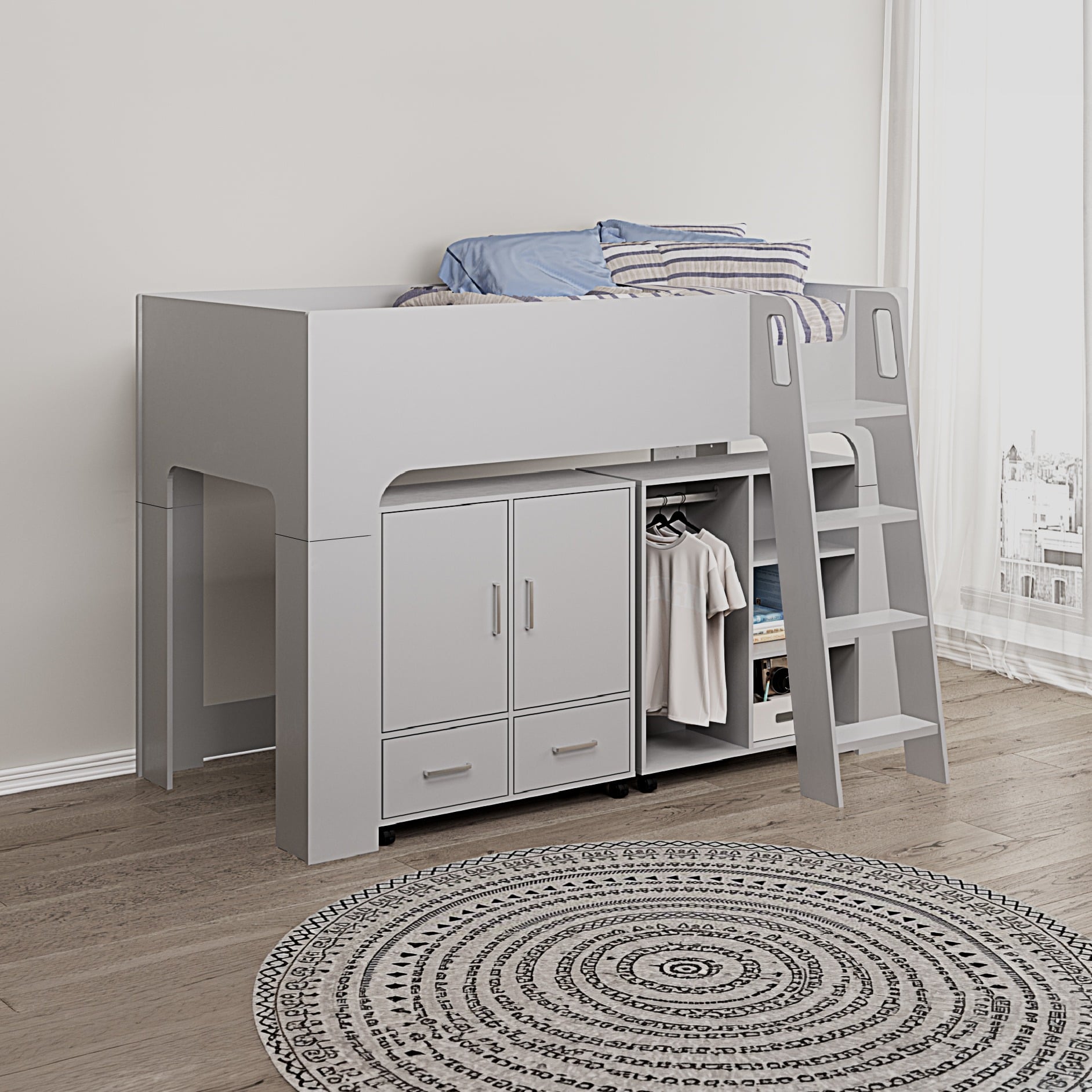 Eden - Single - Mid Sleeper with a Mini Wardrobe, Drawers and Cupboard - Grey - Wooden - 3ft - Happy Beds