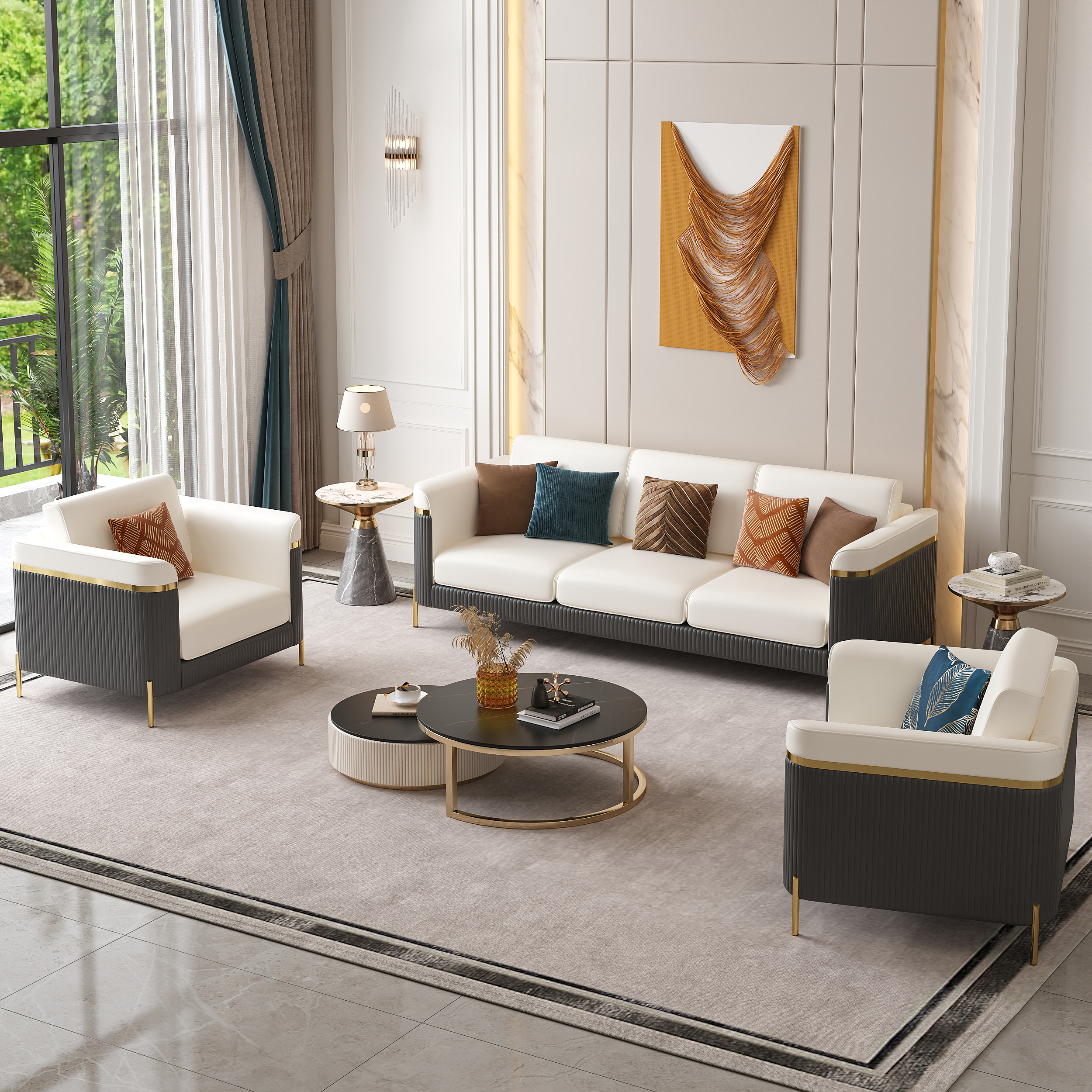 3 PCS Vertex Sofa Set with Chair Modern Beige Living Room Sofa Set with Cushion