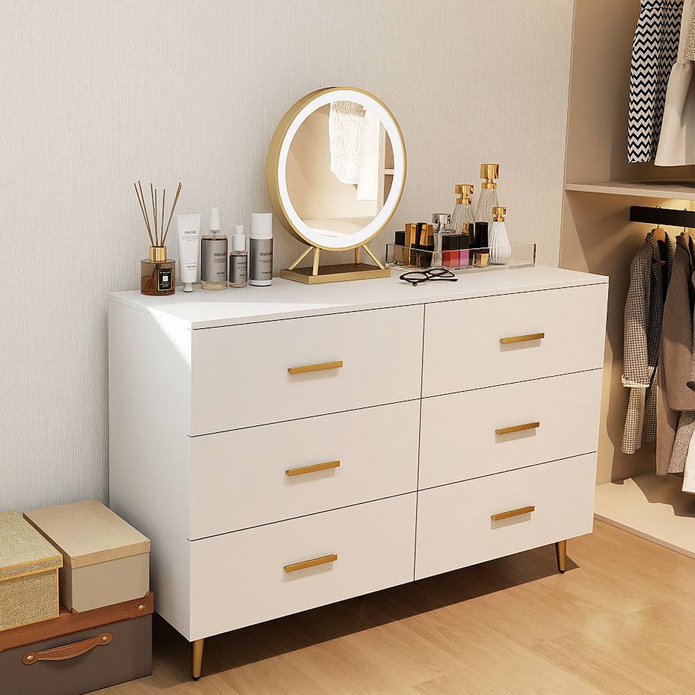 Costway Modern 6 Drawer Dresser Wooden Wide Chest of Drawers in White