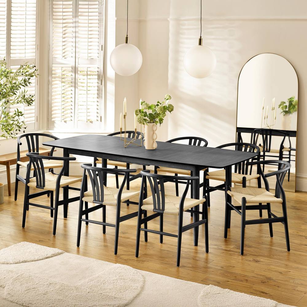FurnitureboxUK Leif Black Wood Rectangular Extending Table & 8 Caia Dining Chairs