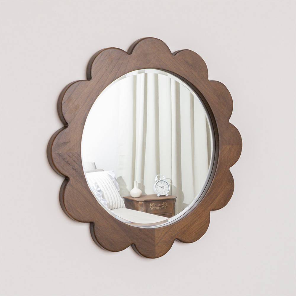 Melody Maison Dark Wood Scalloped Edge Bevelled Wall Mirror - 70cm in Brown