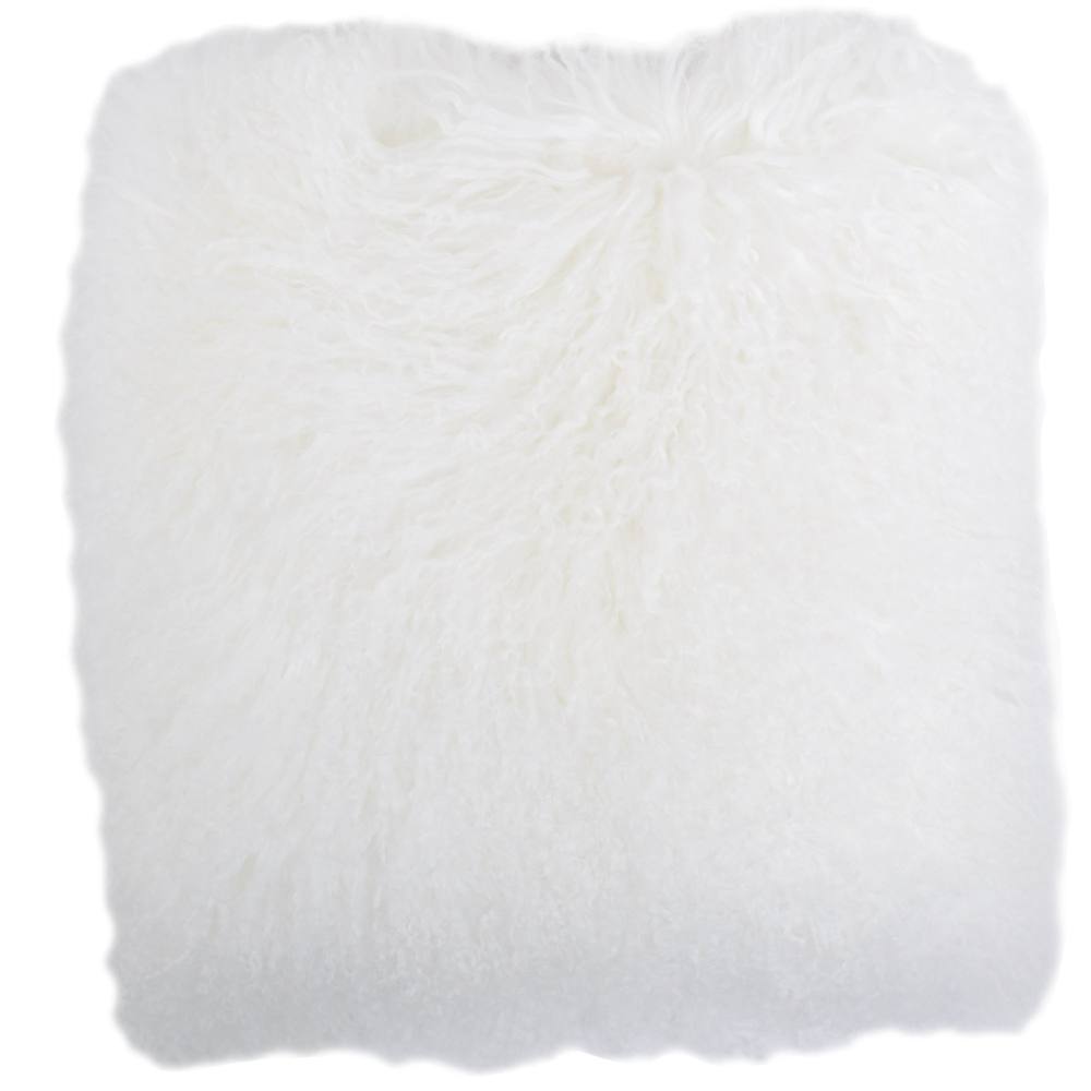 SNUGRUGS Mongolian Long Curly Wool Sheepskin Cushion with Cushion - 60cm x 60cm in White