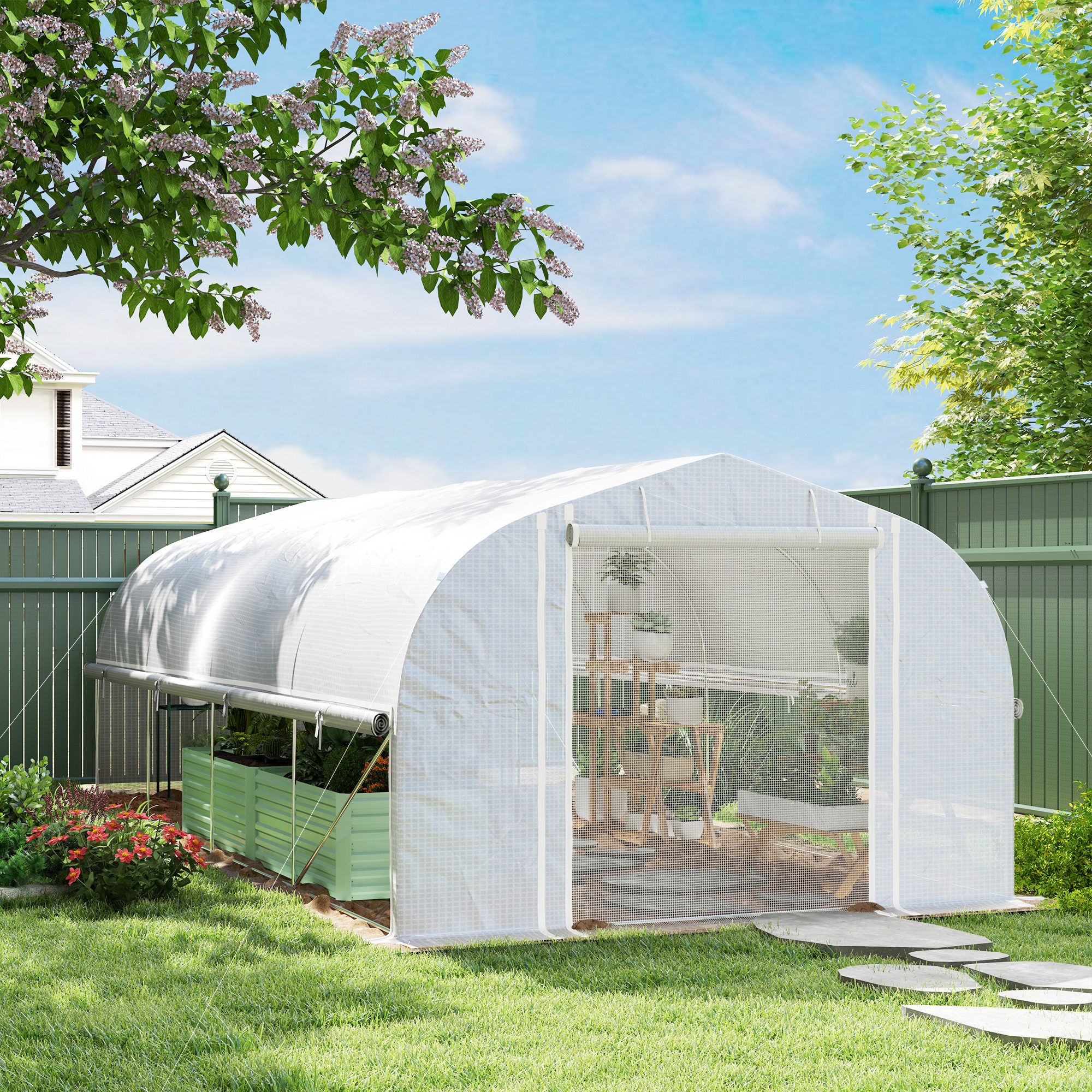 OUTSUNNY Polytunnel Greenhouse W/ Roll-up Sidewalls, Mesh Door, 6 x 3 x 2m in White