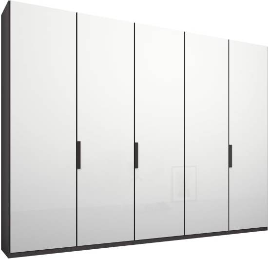 Caren 5 door 250cm Hinged Wardrobe, Graphite Grey Frame, White Glass Doors, Premium Interior