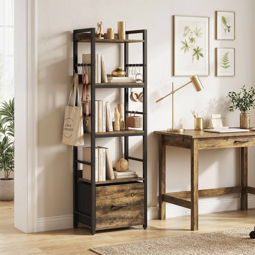 HOMCOM 4-Tier Bookshelf, Shelving Unit with Drawer, 8 Hooks in Brown