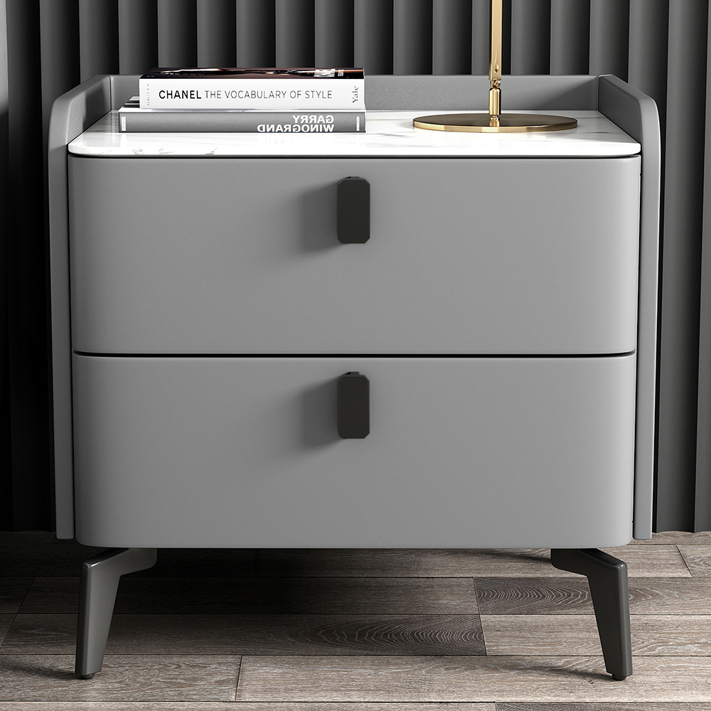 Sintered Stone Top 2-Drawer Leather Bedside Table