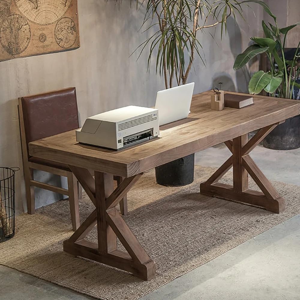 Vintage Style Pine wood Office Writing Desk with Trestle Leg in Natural Farmhouse Home Office Furniture Rectangular (150 cm)
