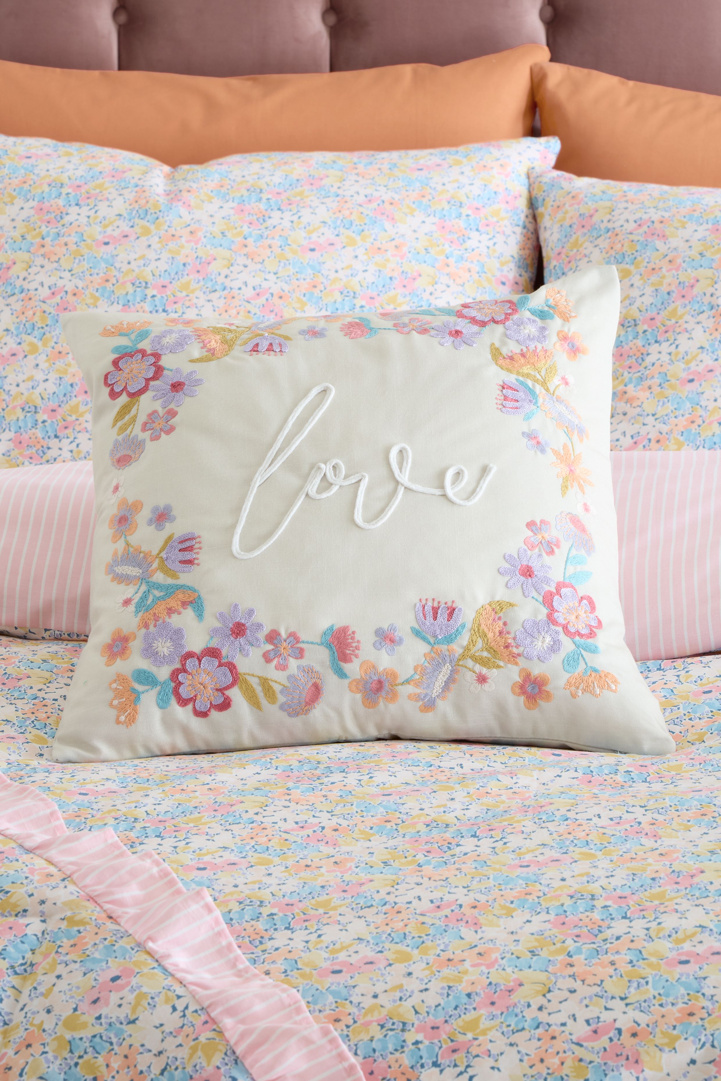 Catherine Lansfield 'Love' Embroidered Cushion in Natural