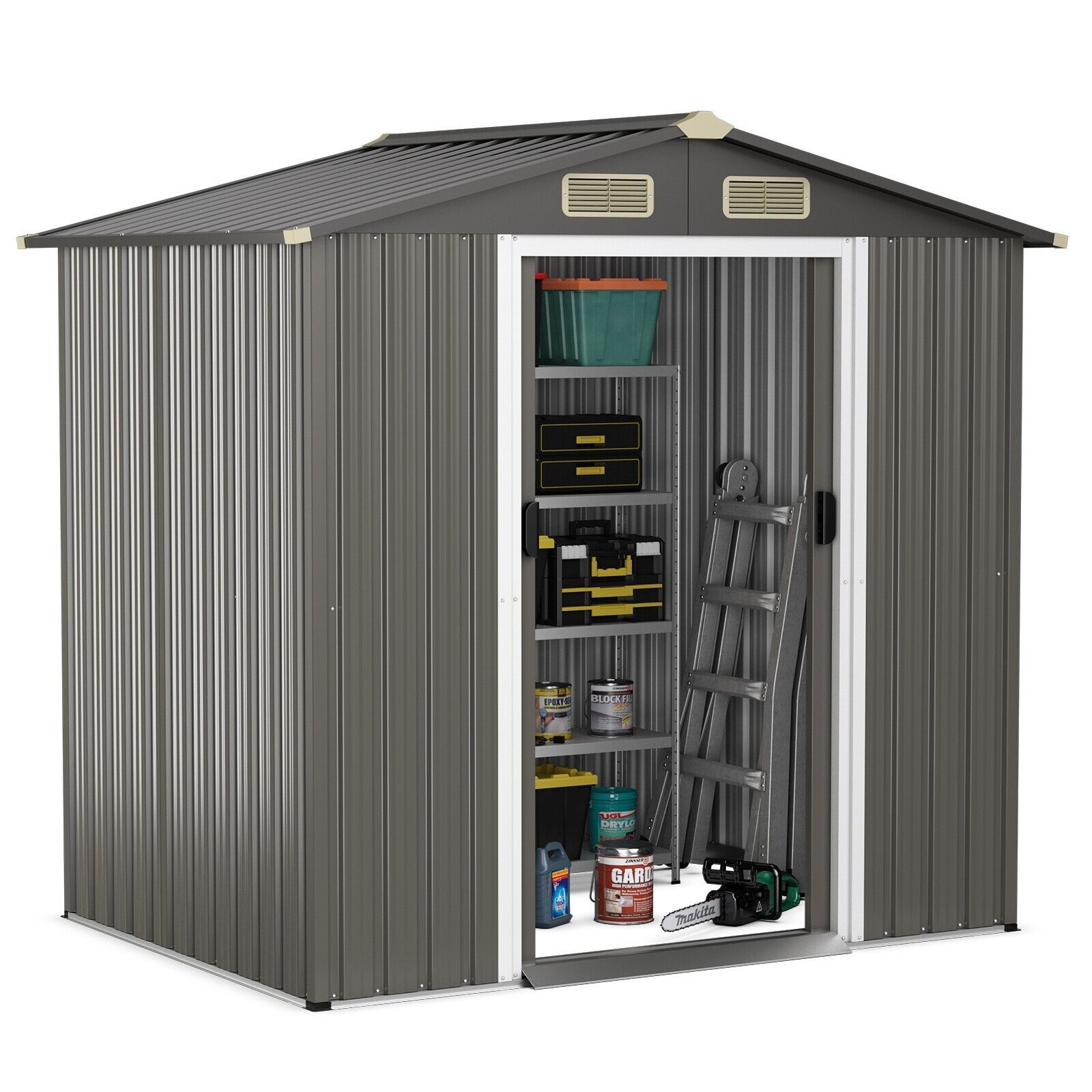 Costway 6 x 4 FT Outdoor Storage Shed Galvanized Steel Shed w/ Lockable Sliding Door in Grey