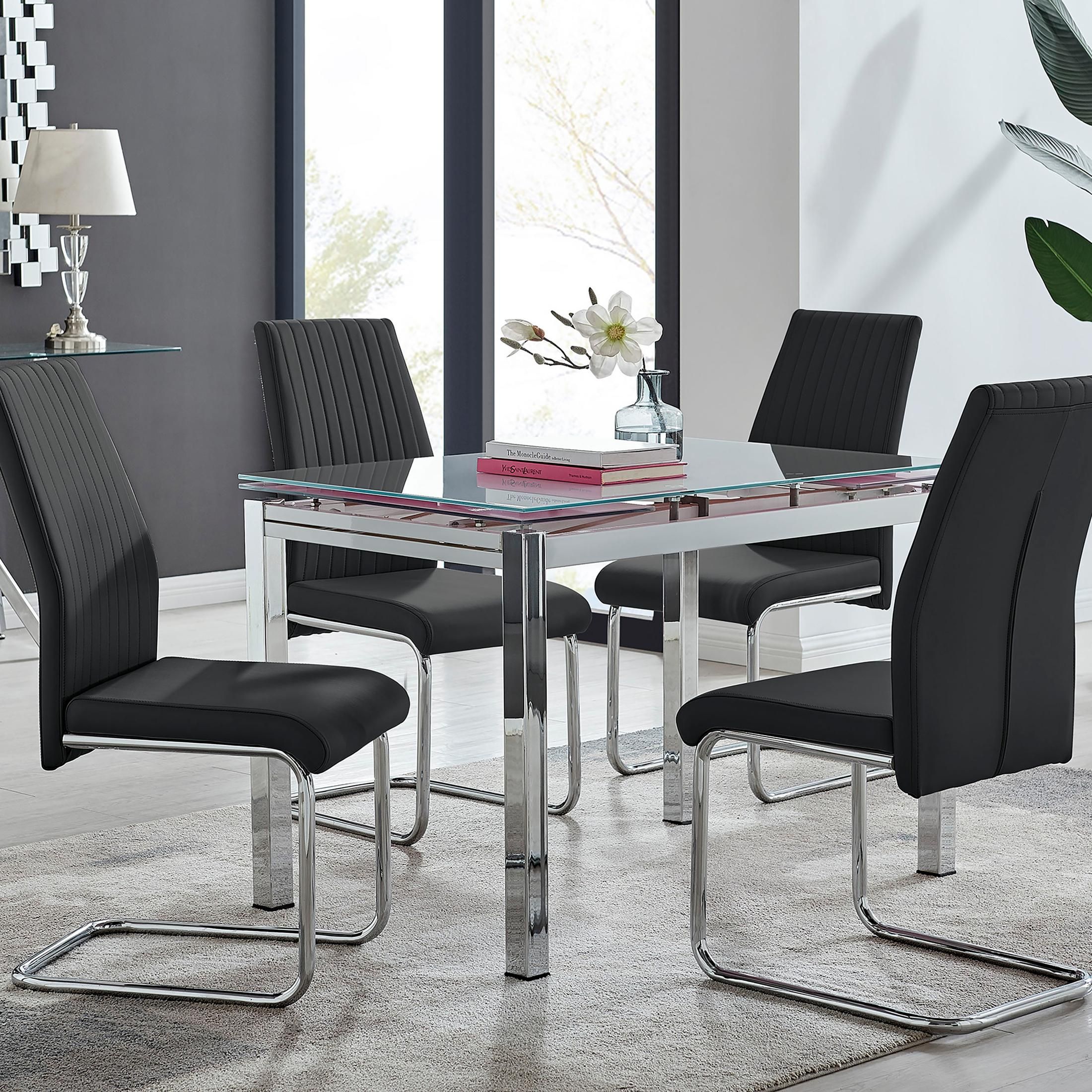 FurnitureboxUK Enna White Glass Extending 4-6 Seater Dining Table & 4 Lorenzo Faux Leather Chairs in Black