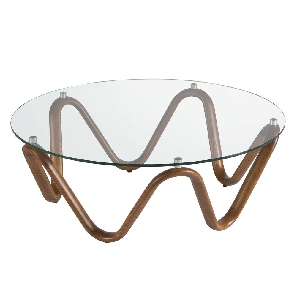 Angel Cerda Round Coffee Table Tempered Glass Top, Walnut-Colour in Brown