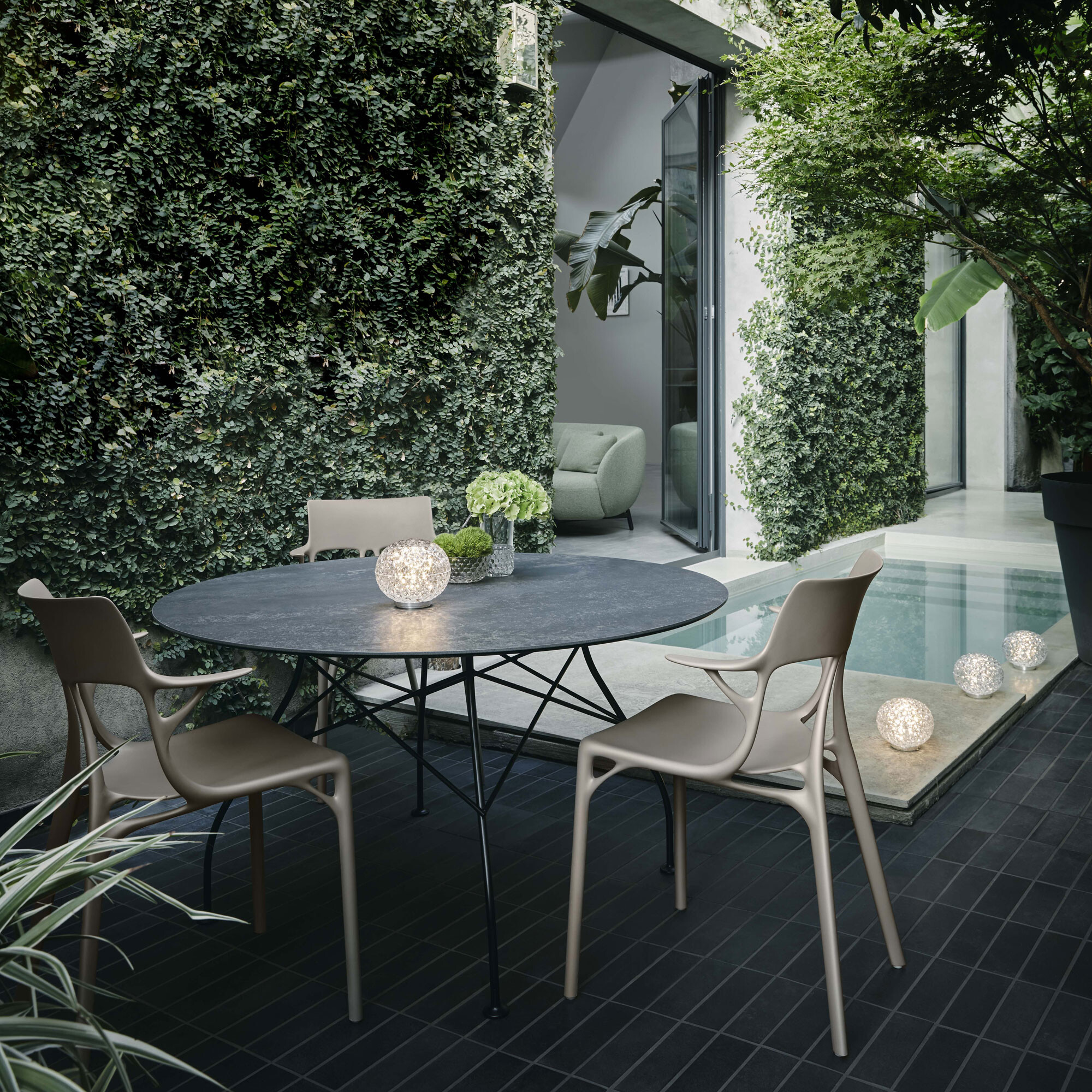 Kartell Glossy 128cm Round Dining Table, Round, Black Stone | Barker & Stonehouse