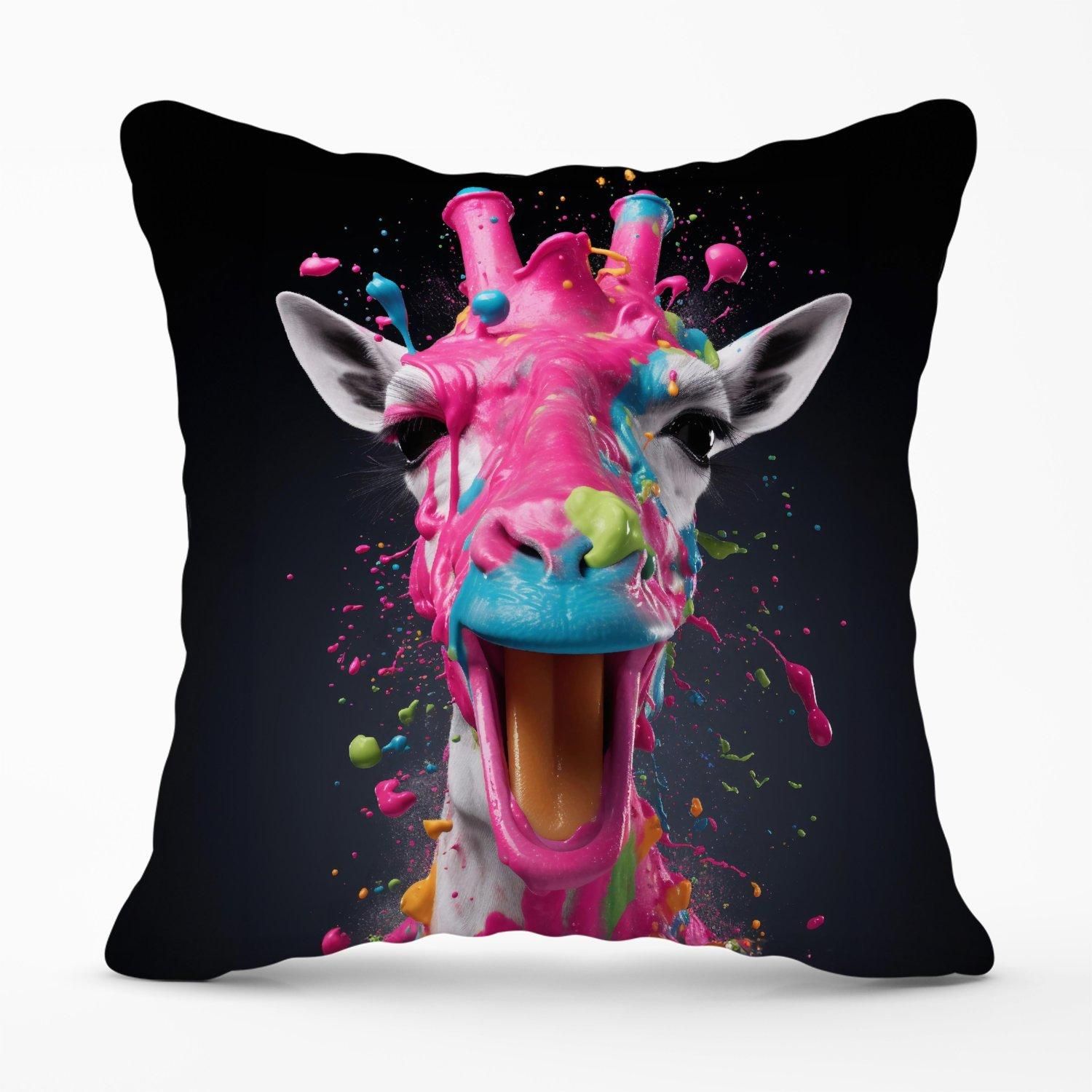 Warren Reed - Designer Splashart Giraffe Face Pink Outdoor Cushion