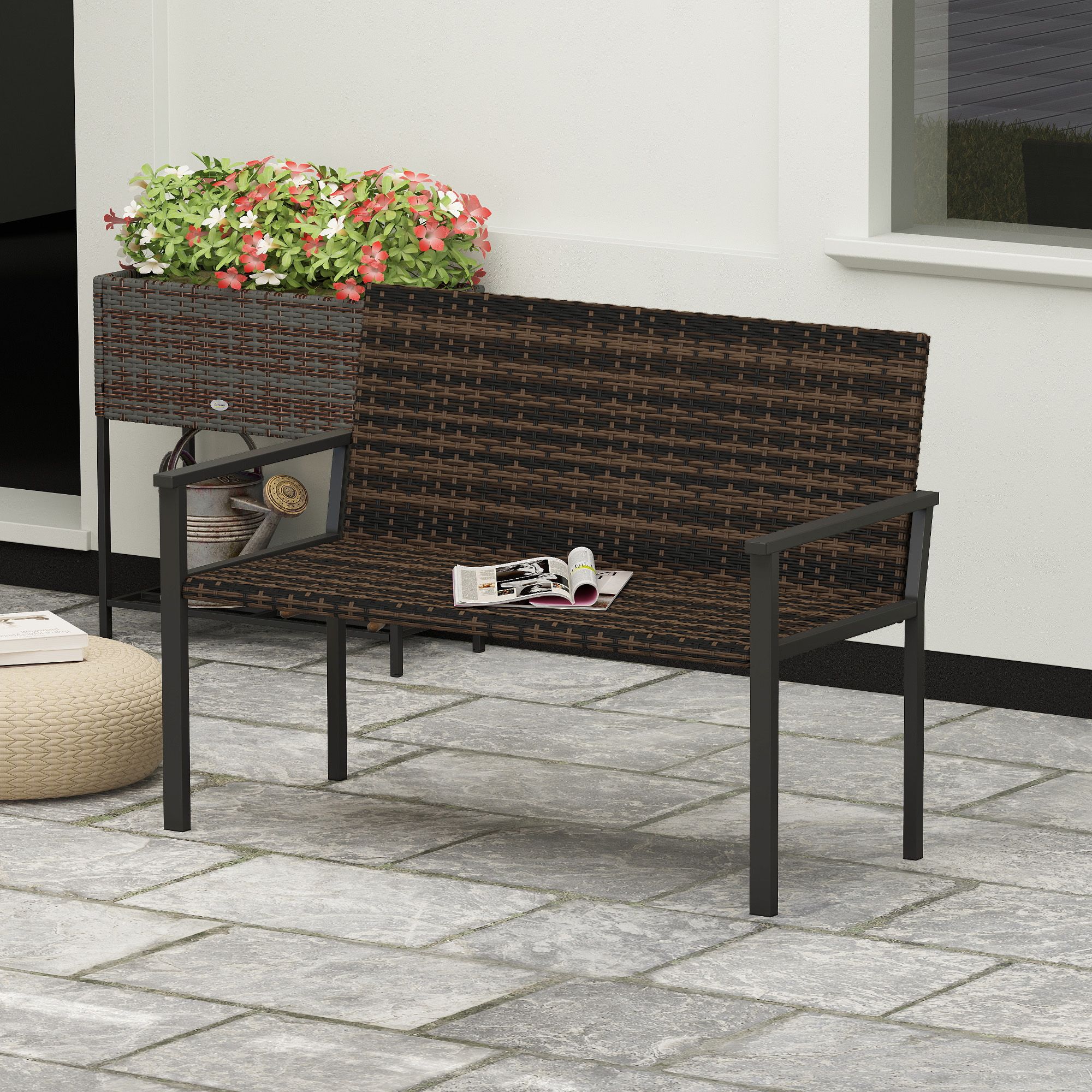OUTSUNNY Rattan Garden Bench Loveseat with Quick-Drying Padding in Brown