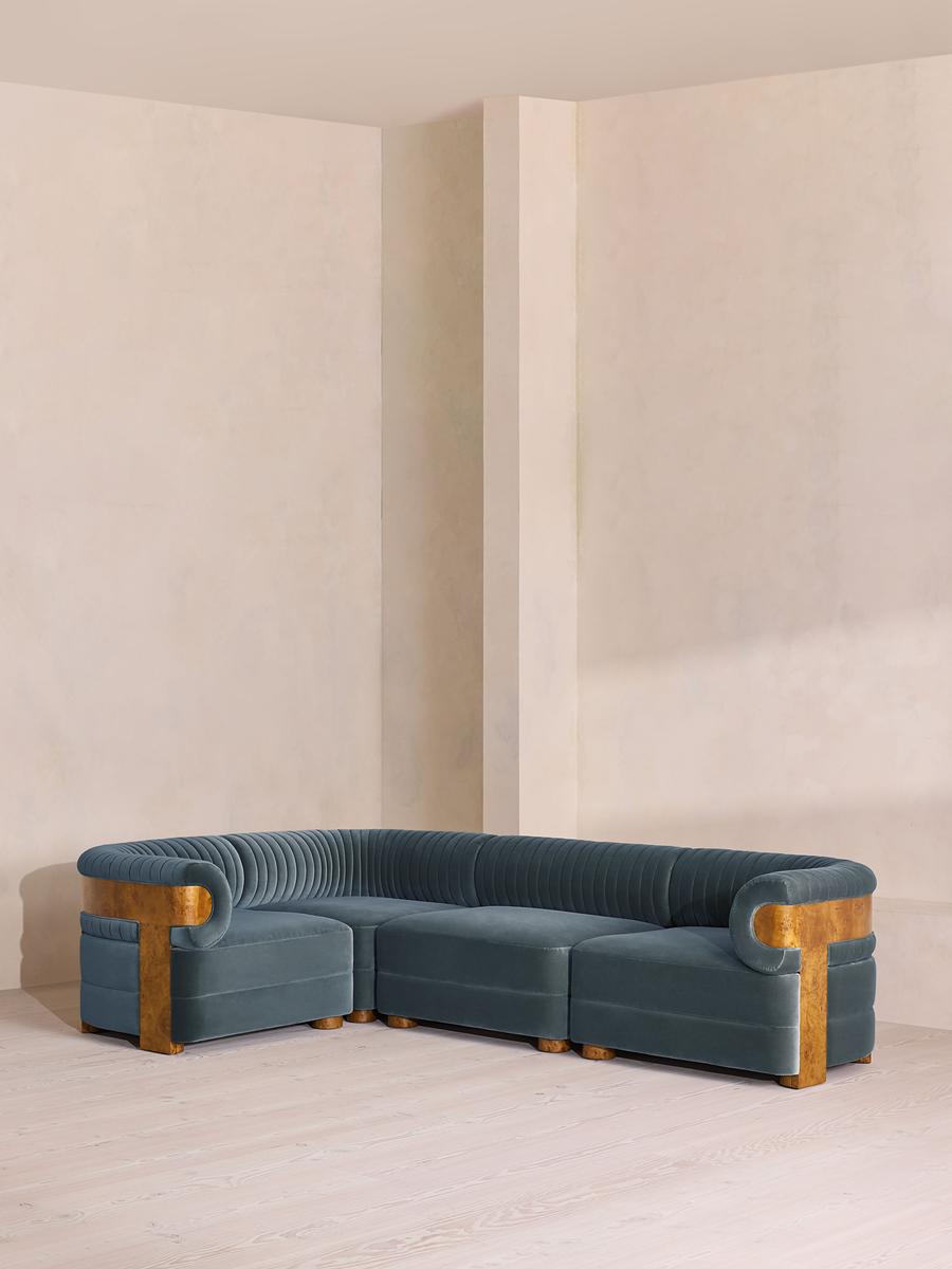 Caleb Modular L-Shape Sofa, Velvet, Grey Blue, Dark Burl