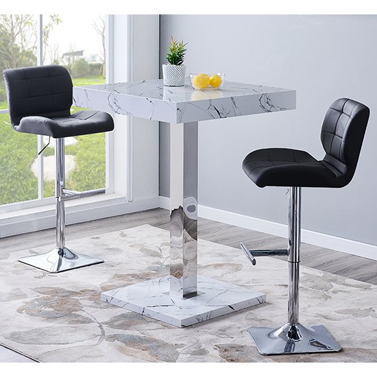 Palmero Gloss Bar Table In Vida Marble Effect With 2 Candid Black Bar Stools