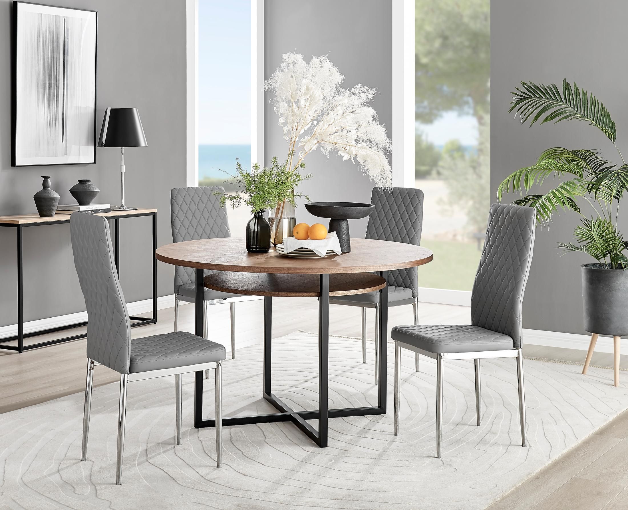 FurnitureboxUK Adley Brown Wood Storage Dining Table & 4 Milan Chrome Leg Chairs in Grey