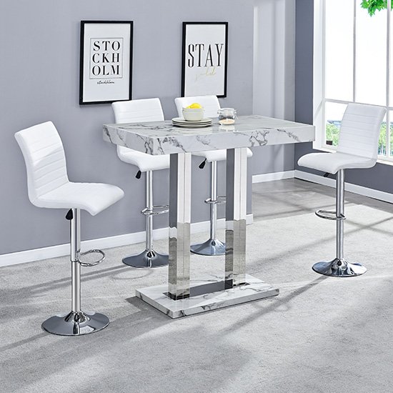 Diva Bar Table In Gloss Marble Effect 4 Ripple White Bar Stools