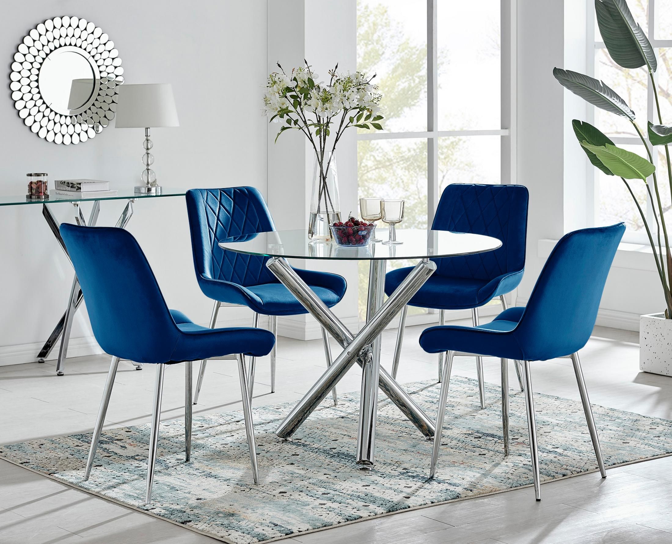 FurnitureboxUK Selina Round Glass Chrome Leg Dining Table & Pesaro Silver Leg Chairs in Navy