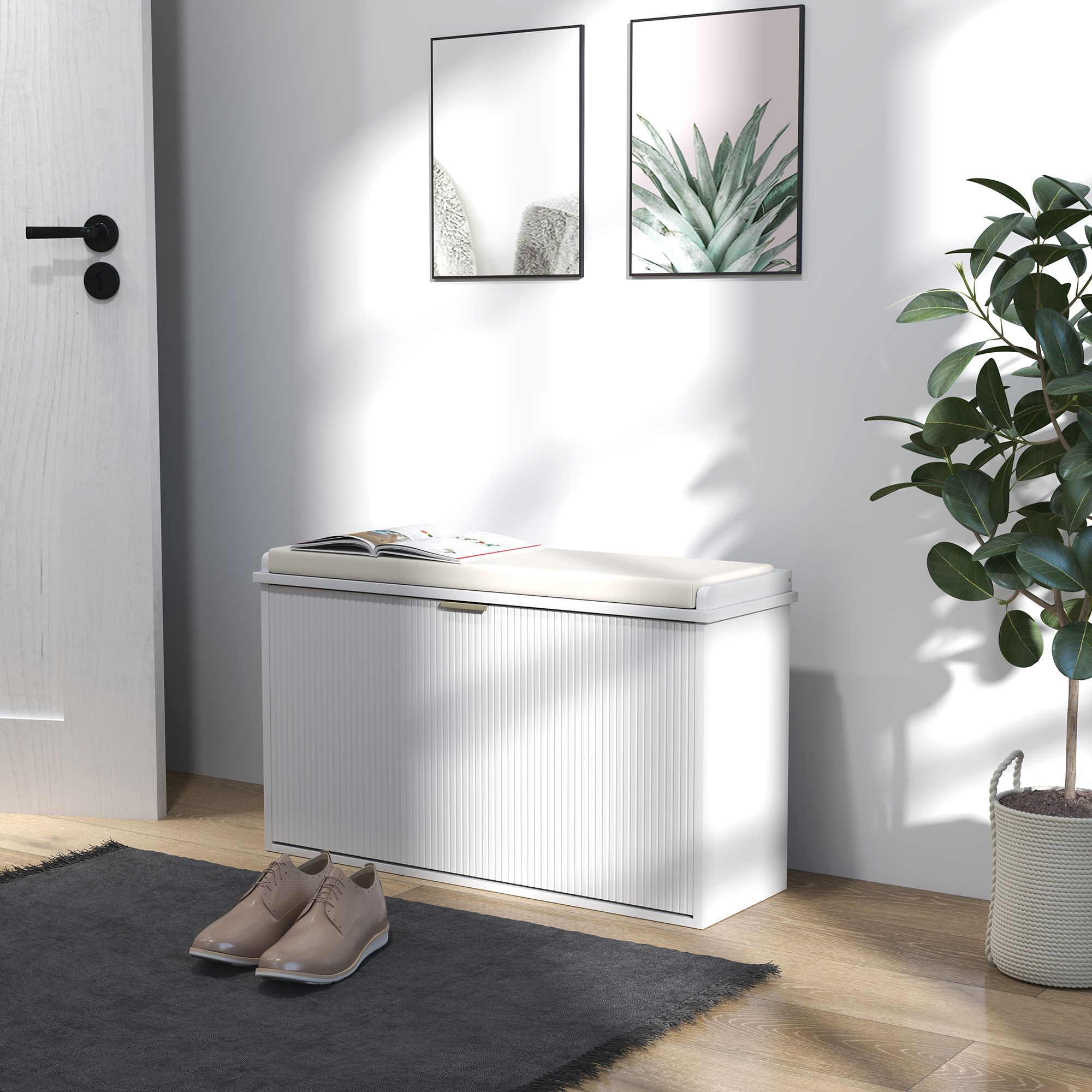 HOMCOM Shoe Storage Bench with Cushion & Flip-Drawer in White