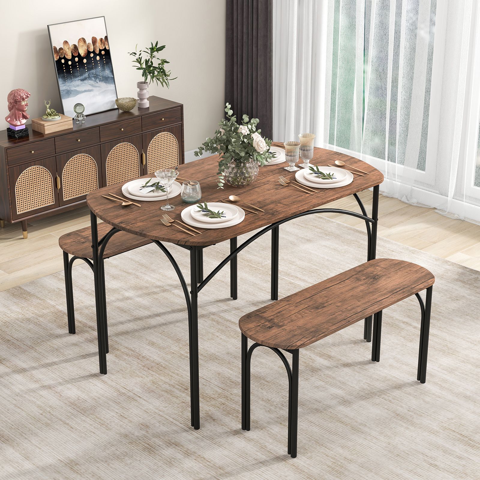 Costway 3 Piece Modern Dining Table Set 120cm Space Saving Kitchen Table Set in Brown