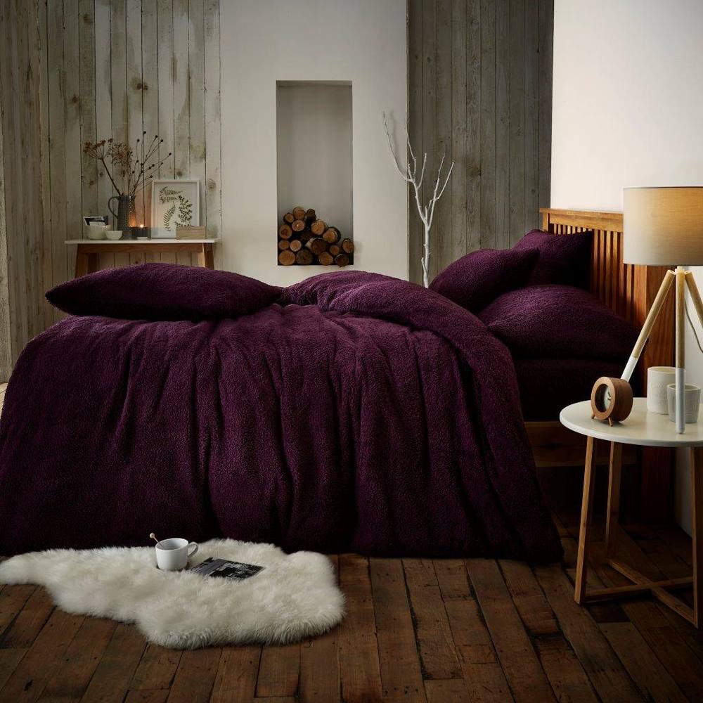 Smart Living Luxury Teddy Plain Duvet Cover & Pillowcase Set in Aubergine