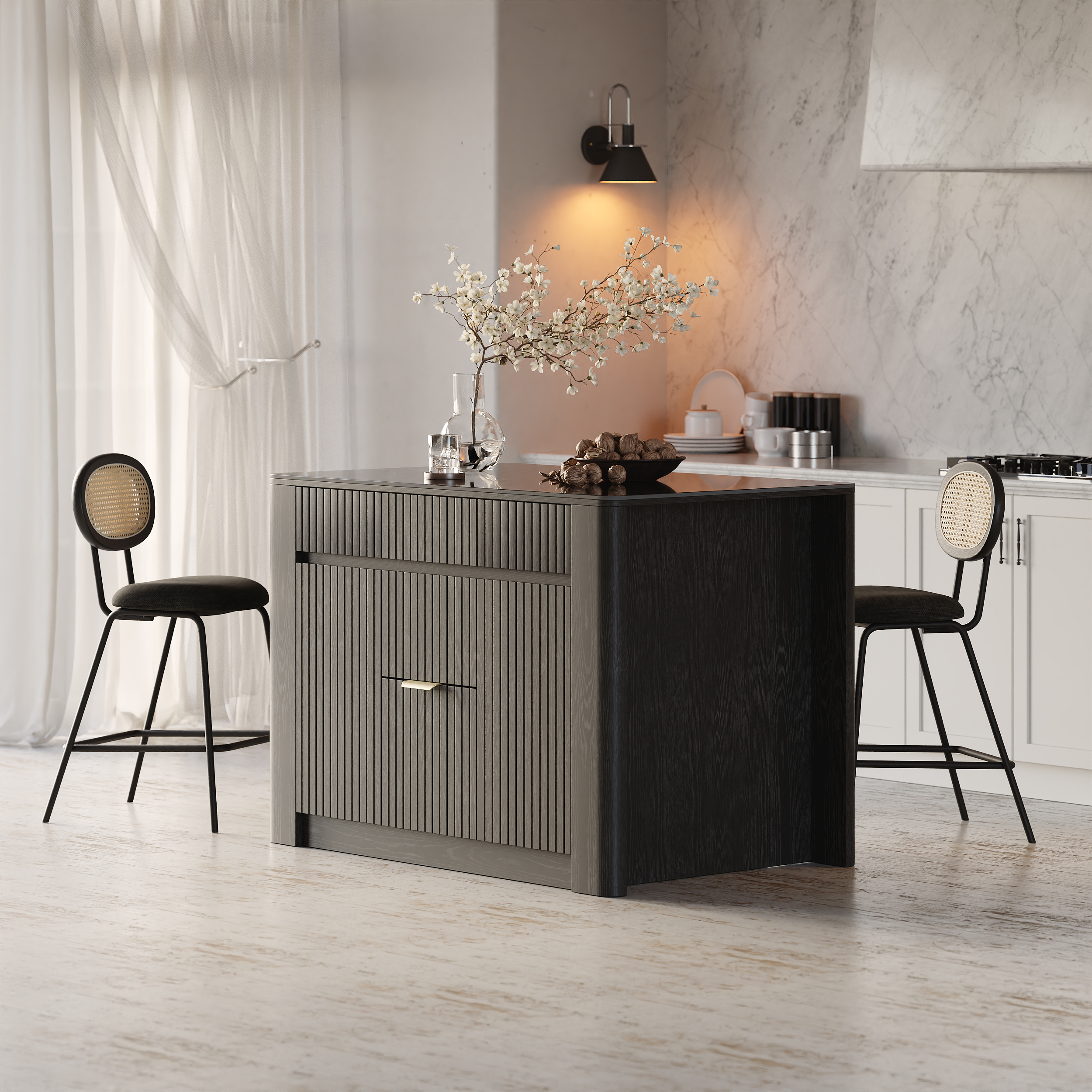 1290mm Kitchen Island Sintered Stone Top with Storage Black Modern