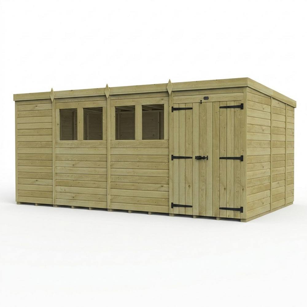 Buttercup Farm 15ft x 9ft Pent Garden Shed Double Door With Windows - Timber in Brown