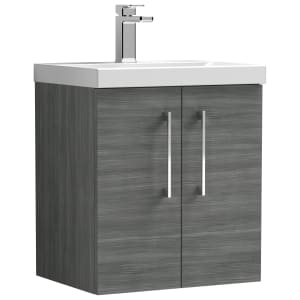 Nuie Arno Anthracite Woodgrain Wall Hung 2 Door Vanity Unit & Basin - 579 x 510mm