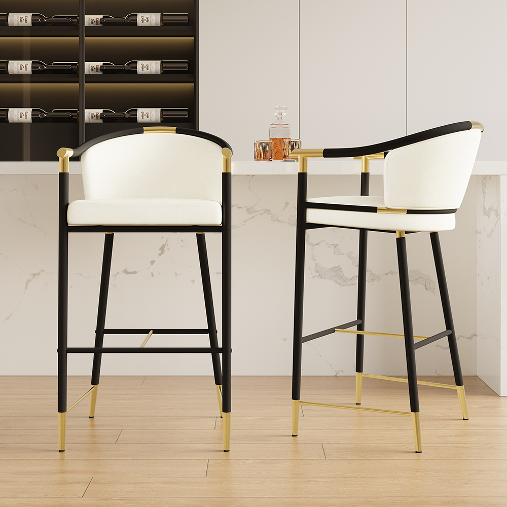 Cranis Bar Height Bar Stool with Arms in Beige Upholstery Velvet