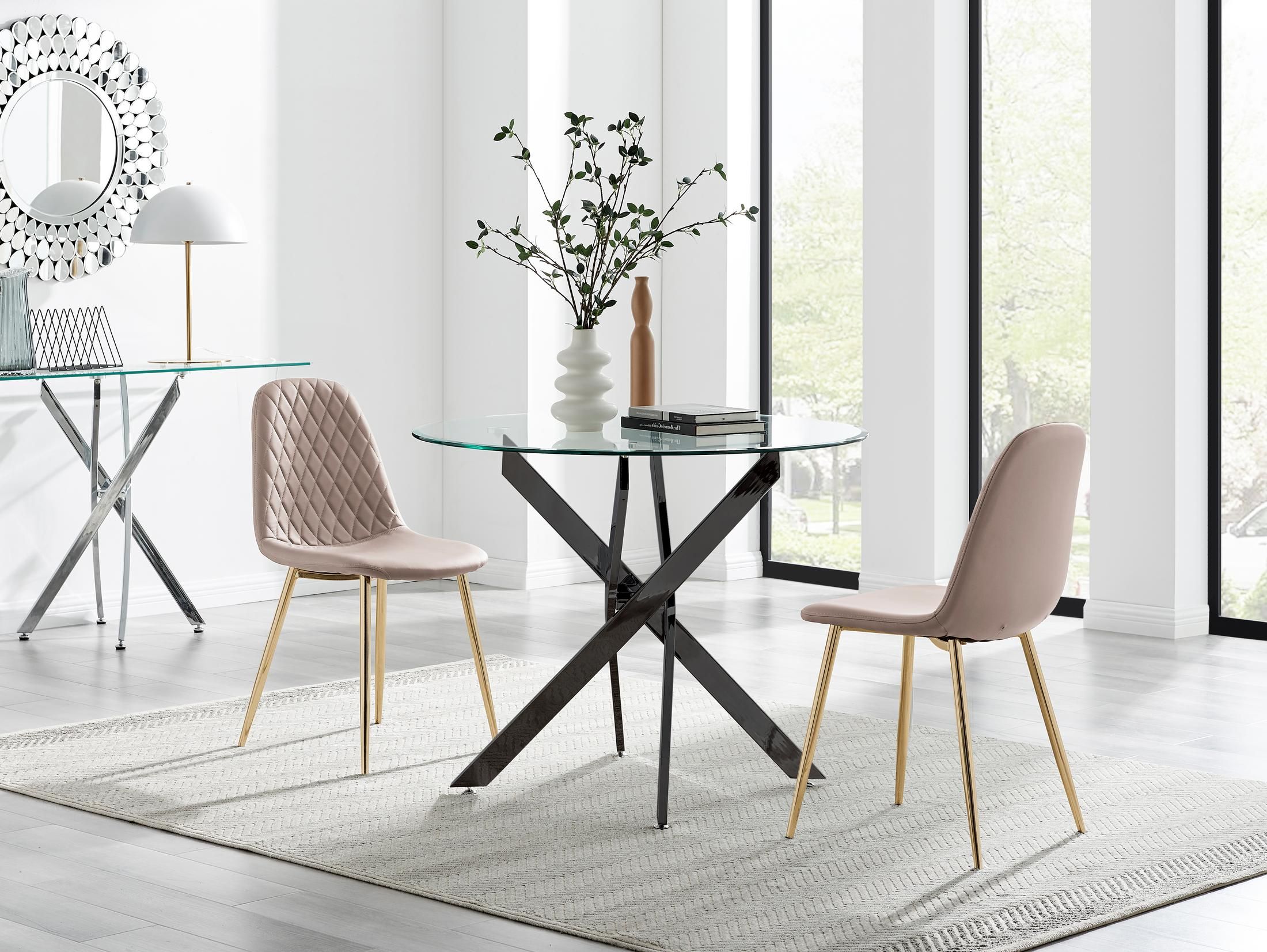 FurnitureboxUK Novara 100cm Round Black Leg Dining Table & 2 Corona Gold Chairs in Beige