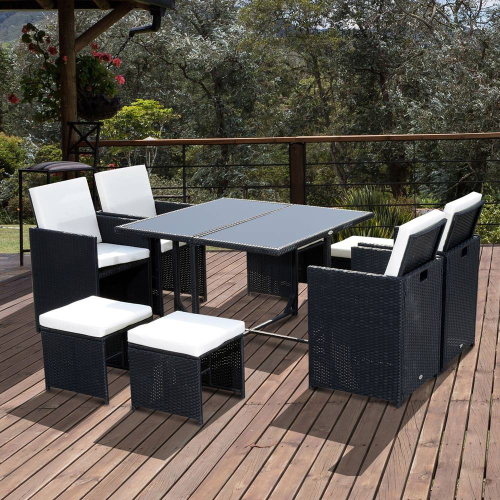 OUTSUNNY 8 Seater Cube Rattan Garden Furniture Dining Set with Cushions in Black