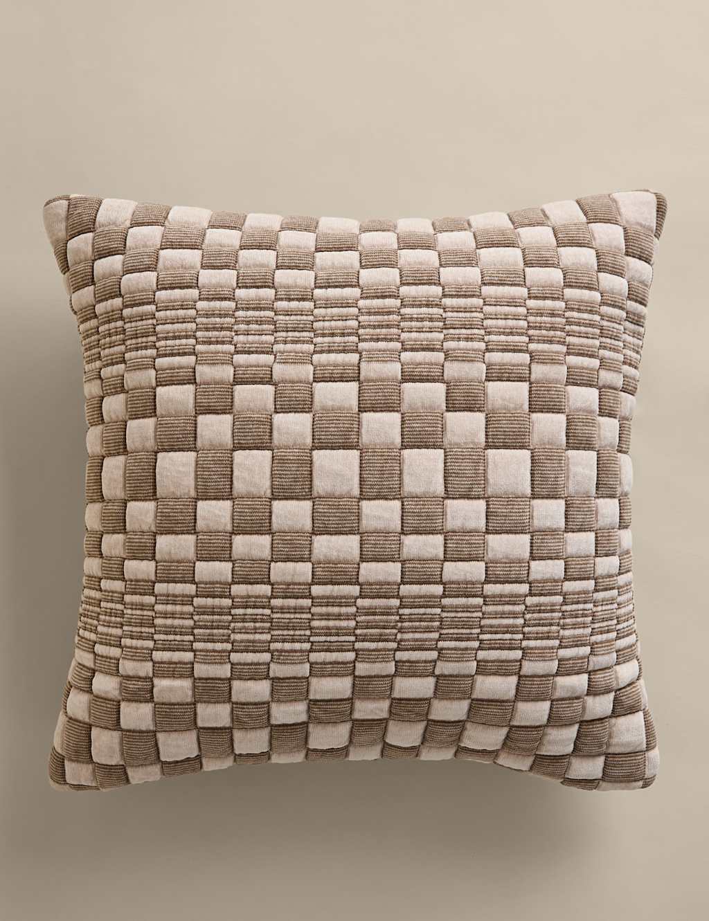 M&S Chenille Checked Quilted Cushion Natural Mix