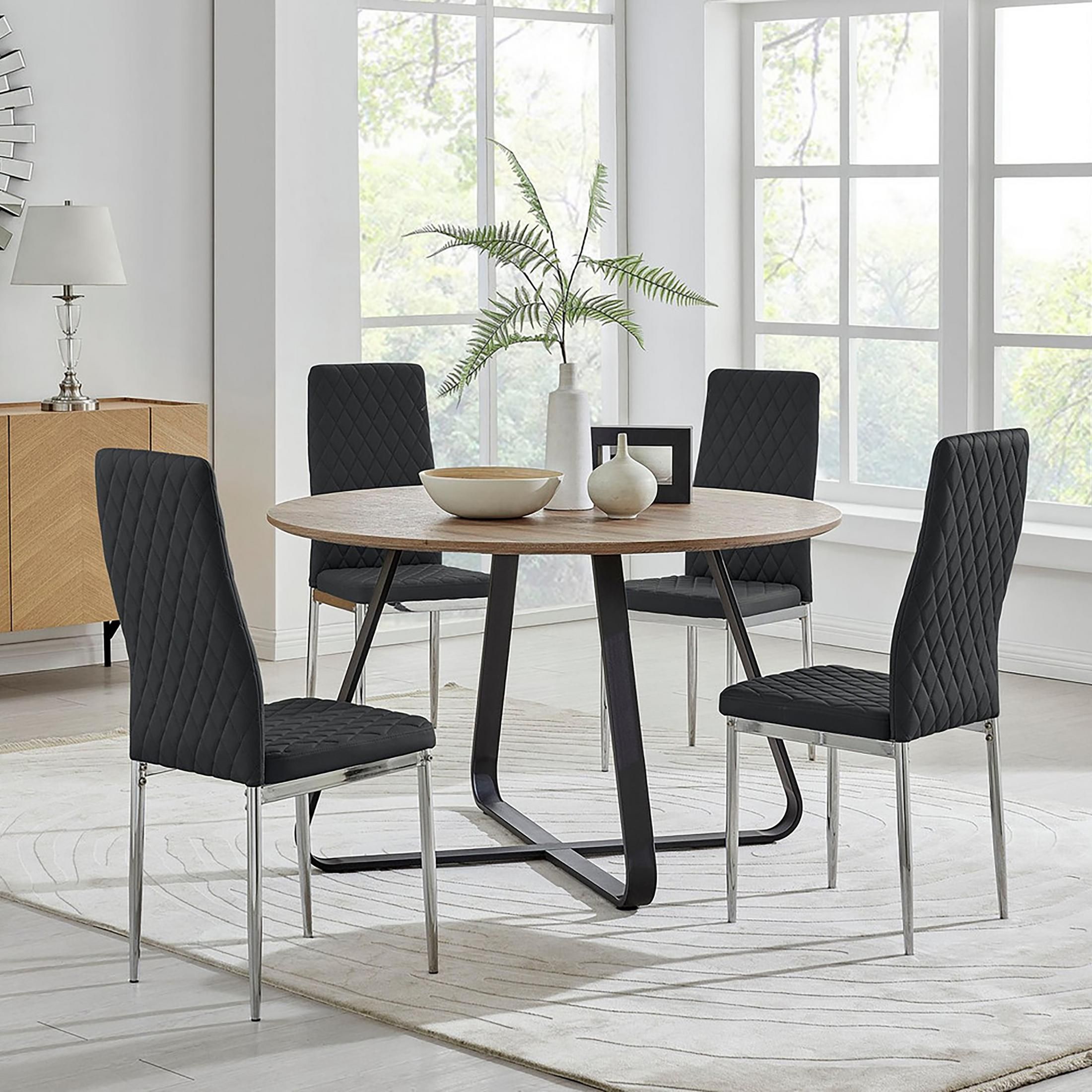 FurnitureboxUK Santorini Brown Wood Contemporary Round Dining Table & 4 Milan Chairs Set in Black