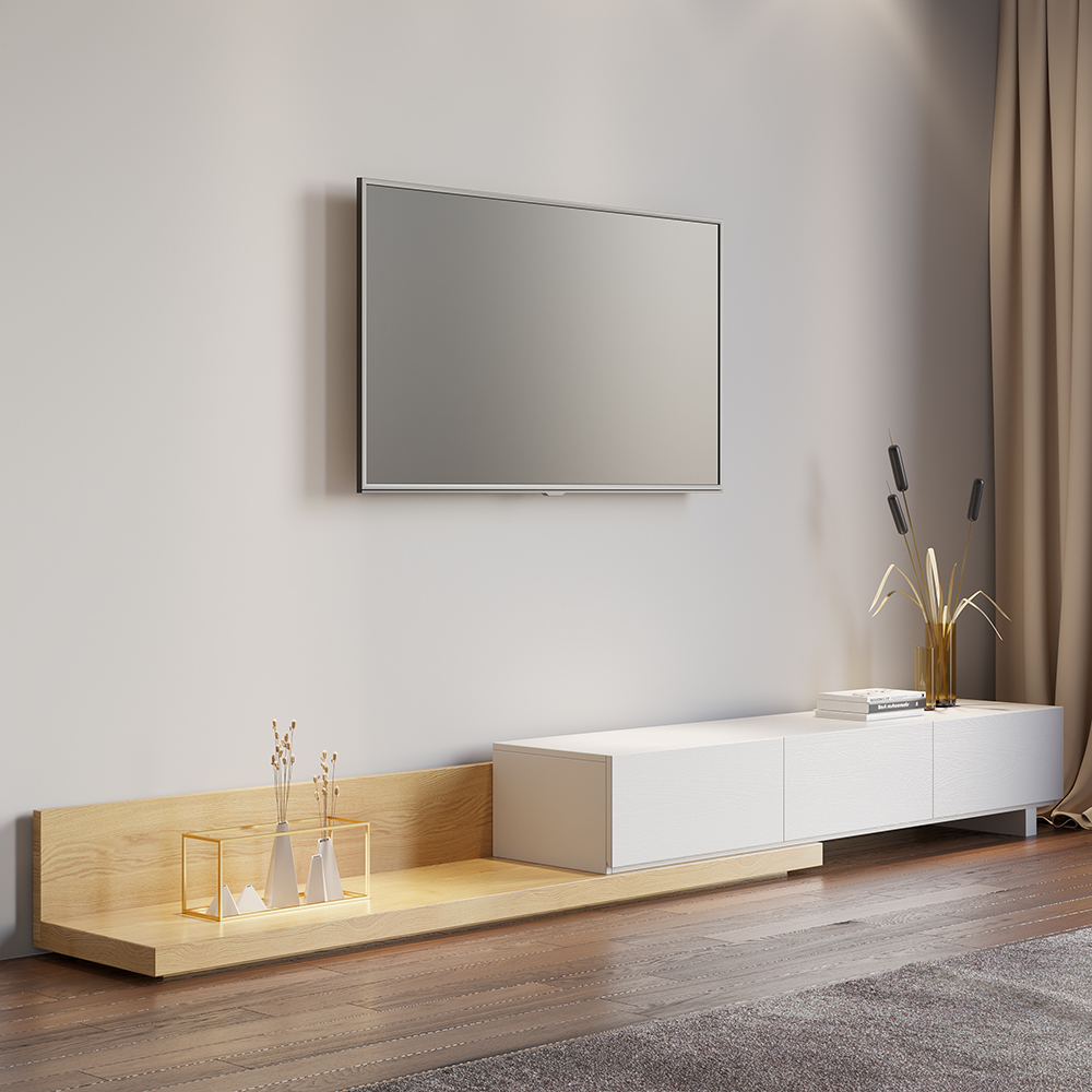Rectangle Wood Extendable TV Stand Natural and White Floor Media Console with 3 Drawers