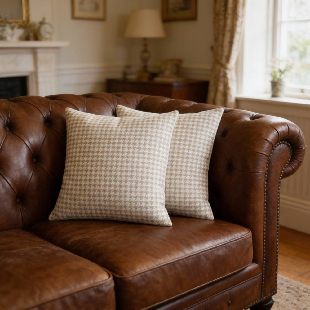 Luxury Living Pair of Houndstooth Woven Cushions - Plump Pads, Removable Covers in Cream
