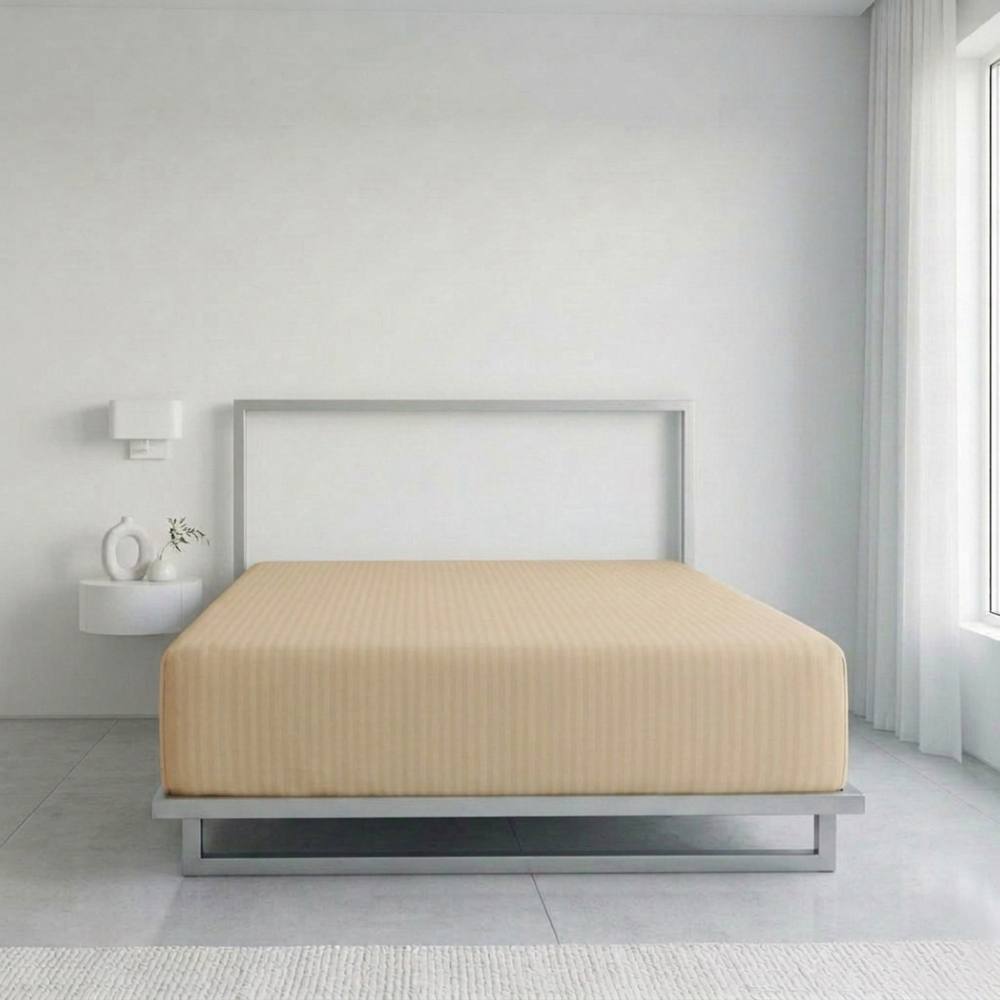 Snug City Luxury Satin Stripe T250 Cotton Rich Soft Extra Deep 30cm Fitted Sheet in Beige