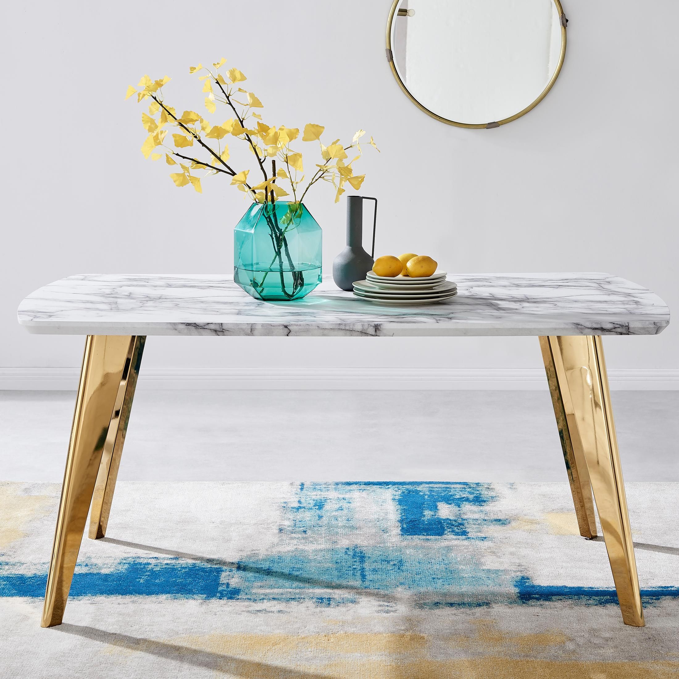 FurnitureboxUK Andria White Marble Effect Rectangular 6-Seater Dining Table in Gold