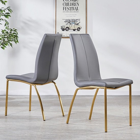 Opal Dining Chair In Grey Faux Leather With Brushed Gold Base