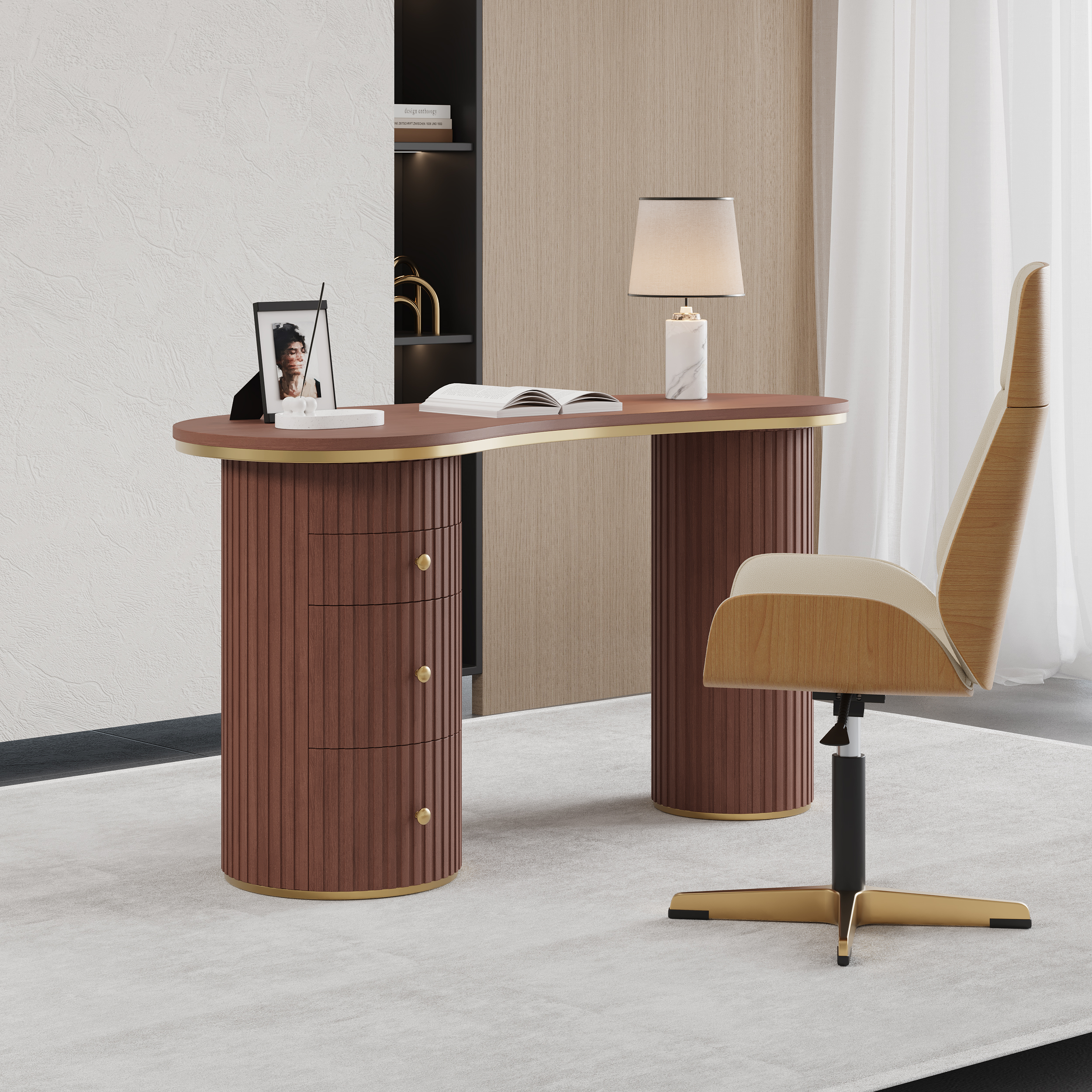 Walnut Curved Wooden Office Desk & Adjustable Swivel Executive Chair in Beige & Gold