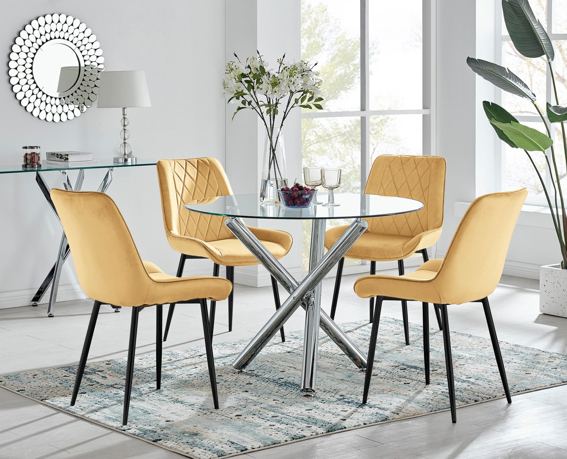 FurnitureboxUK Selina Round Glass Chrome Leg Dining Table & Pesaro Black Leg Chairs in Mustard