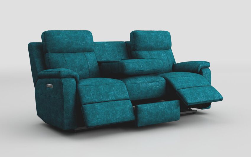 Blue Fabric Calboli 3 Seater Power Recliner Sofa with Power Head Tilt, Lumbar, Drawer & Table