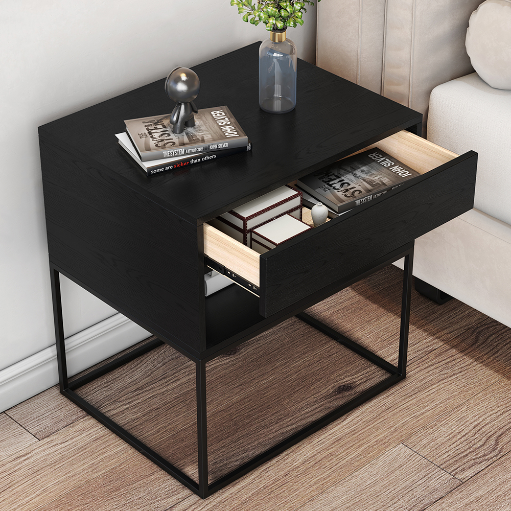 Black Modern Bedside Table with Drawer and Black Metal Base