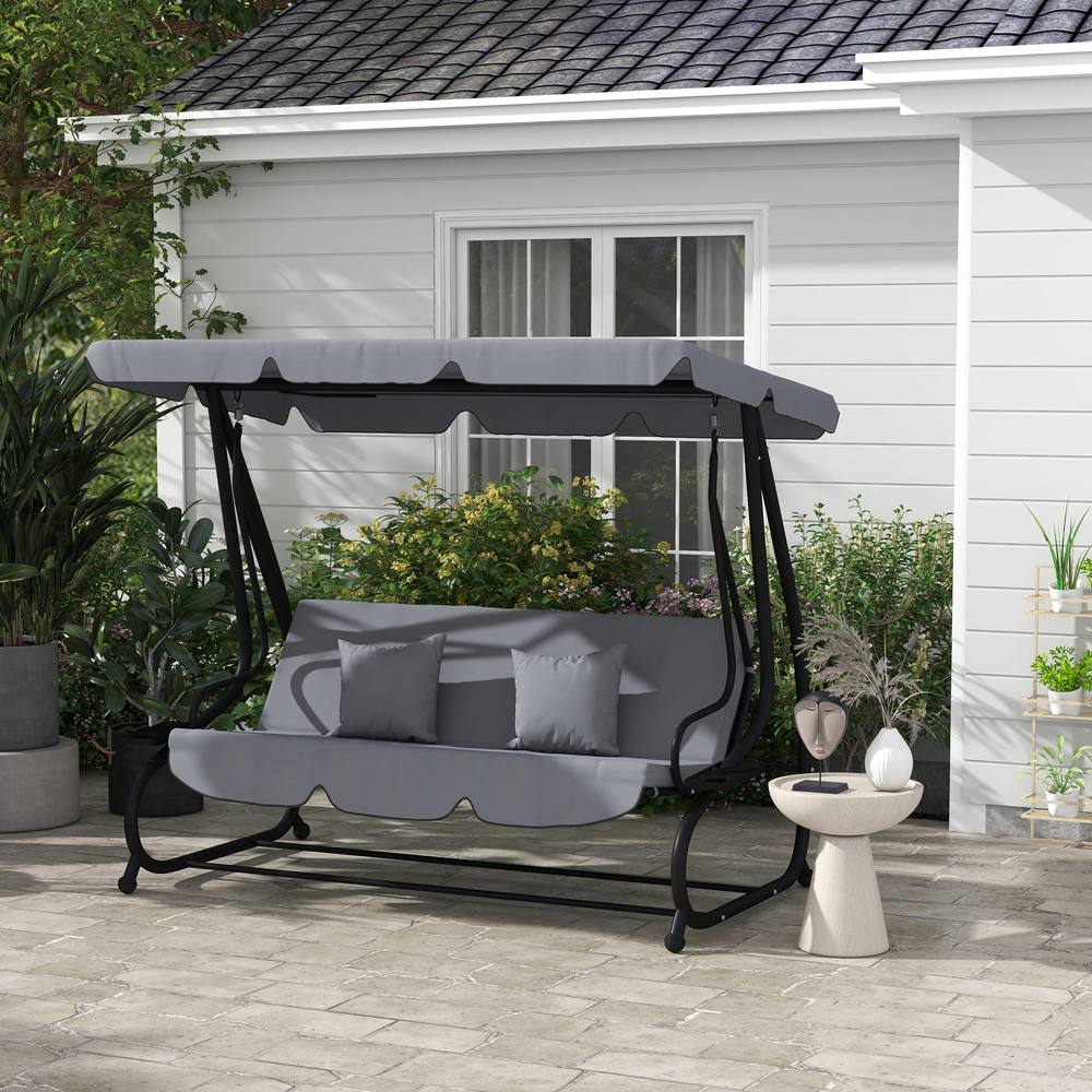 OUTSUNNY 2-in-1 Garden Swing Chair for 3 Person w/ 2 Pillows, Dark Grey