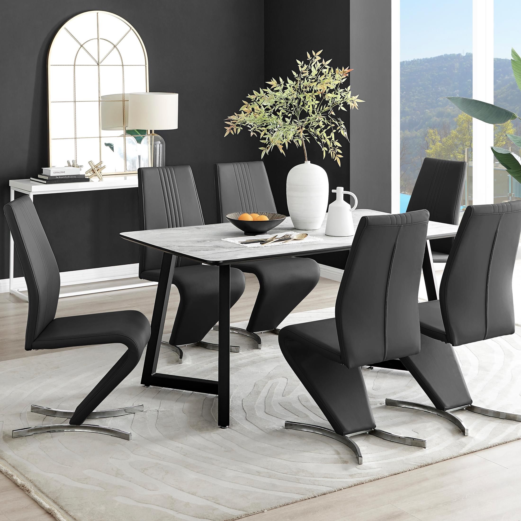 FurnitureboxUK Carson White Marble Effect Dining Table & 6 Willow Chairs in Black